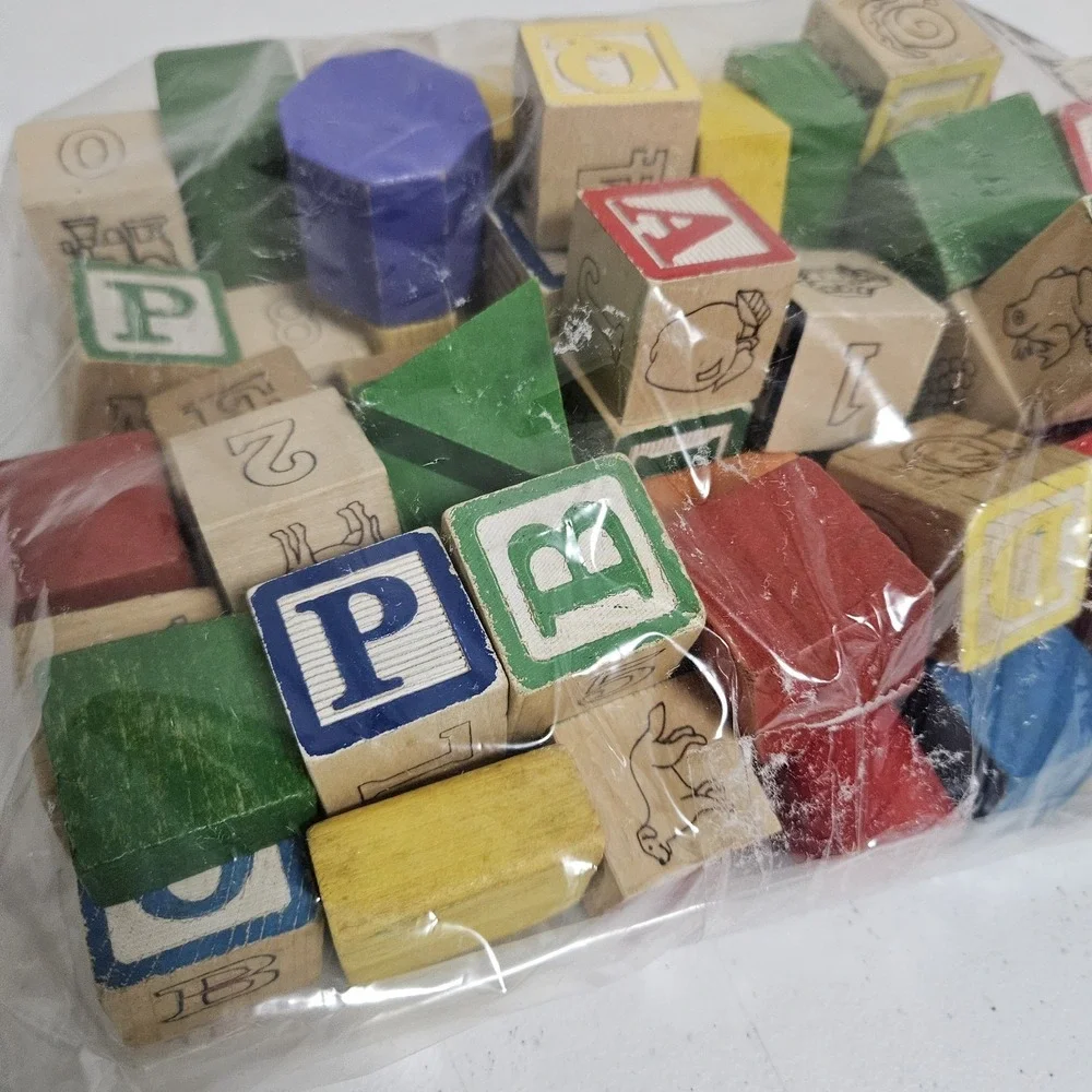 Wooden Blocks Multicolor Alphabet Number Vintage Set Traditional Homeschool